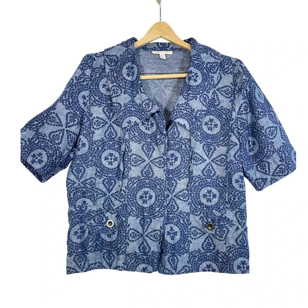 JM Collection Women Blazer Jacket 16  Blue Linen Floral Button Down Short Sleeve
